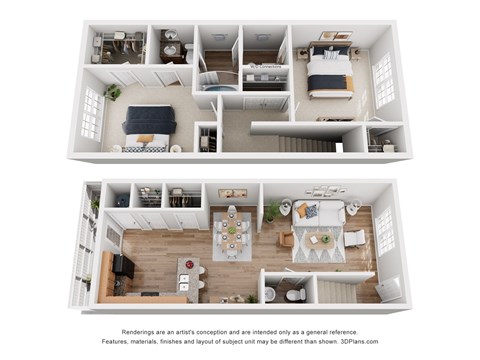 Floor plan for 2 beds, 2.5 baths, 1156 sqft